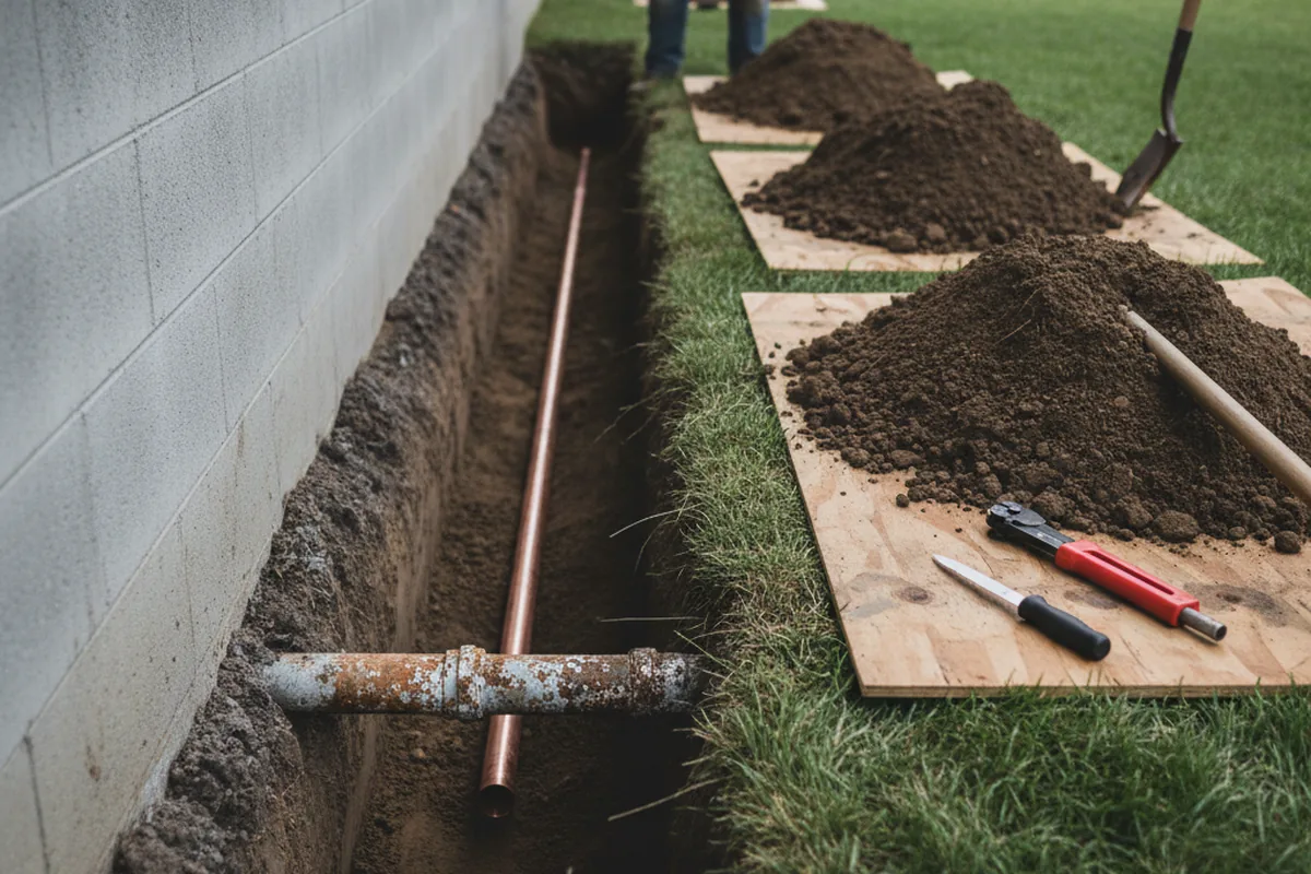 Excavated water line trench during Water Softener Installation in Benwood